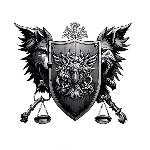 Combine Roman Virgo Allegory , themis scales, ladder, wolf and shield in one idea tattoo design idea