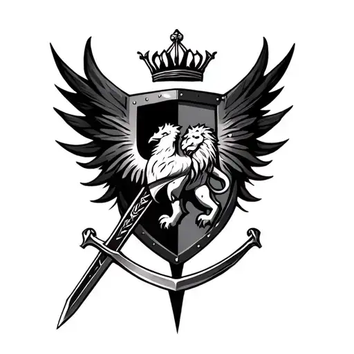 A shield with a Phoenix, a lion rampanta knight sword, and a crown inside the shield  tattoo design idea