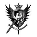 A shield with a Phoenix, a lion rampanta knight sword, and a crown inside the shield  tattoo design idea