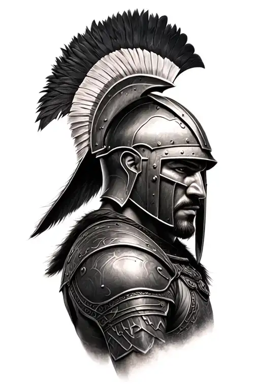 Hyper-realistic black and grey tattoo of a Spartan warrior in full armor with a plumed helmet, facing sideways. The warr tattoo design idea