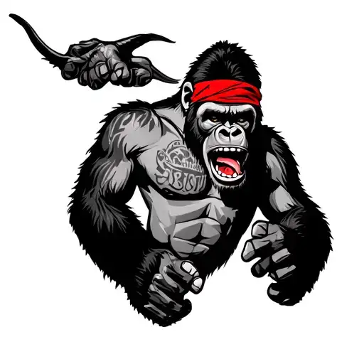 gorilla pounding on chest red bandana around forehead grillz in mouth with tattoos tattoo design idea