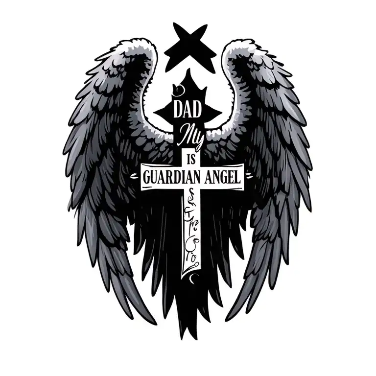 angel wings with cross with phrase "dad is my guardian angel tattoo design idea