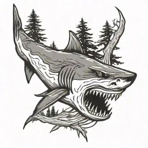 shark mouth pine tree  tattoo design idea