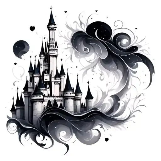 A whimsical and abstract design of the Disney Castle, with swirling patterns and dream-like elements tattoo design idea