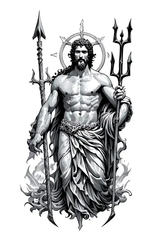 Greek mythology theme with Hades and Cerbère, Poseidon and Trident and Zeux and its flash tattoo design idea