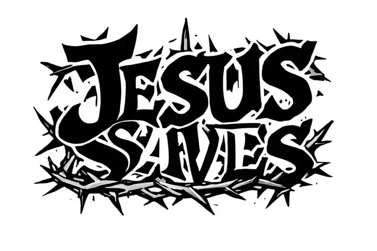The words “Jesus Saves” with the crown of thorns in a straight line in black and white but make it fine line and minimal tattoo design idea