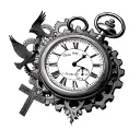 rip son pocket watch surrounded by gears with cross and dove tattoo design idea