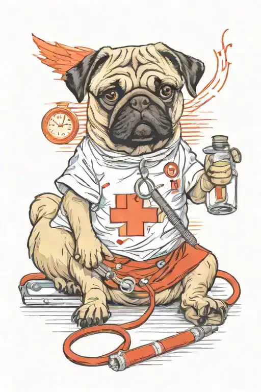 pug dog nurse, holding a syringe, iv bag, bandage, stethoscope tattoo design idea