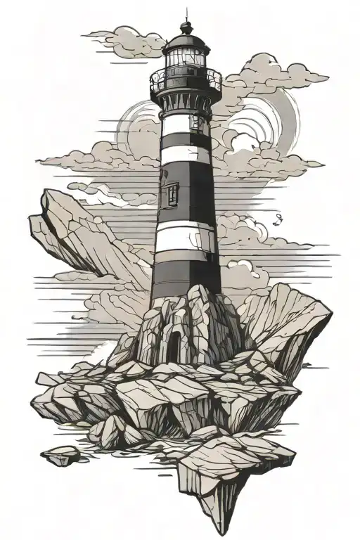 Horizontally striped lighthouse sitting on a pile of rocks near the sea tattoo design idea