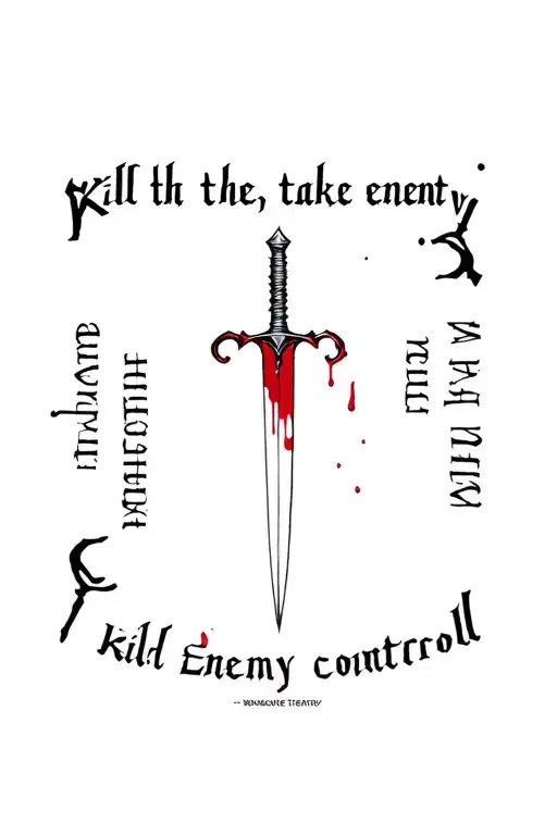 the words "Kill the enemy, take control" around a bloody dagger tattoo design idea