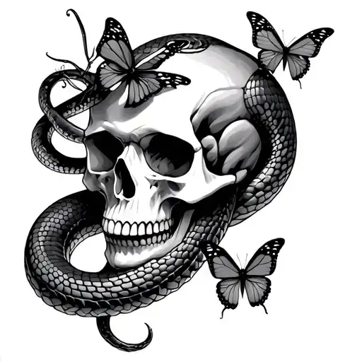 skull wrapped by a snake, surrounded by butterfly's and shaded deeply  tattoo design idea