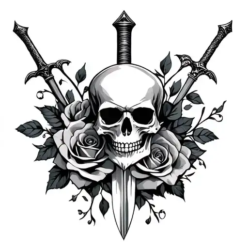 skull and roses and sword tattoo design idea