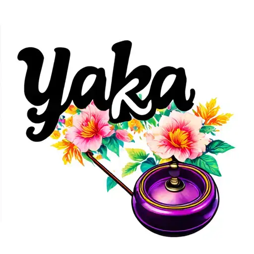 an old looking yo-yo with the words yaka in the middle. with flowers around it. tattoo design idea