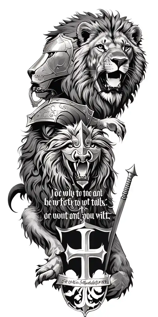 knight templar with a lion and a warrior bible verse written tattoo design idea