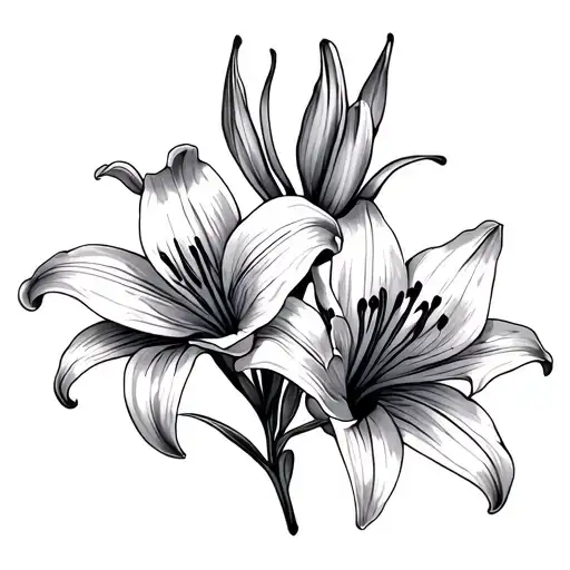 fine line of a lily and a violet drawn side by side in one contiuous line. no colour, no stems tattoo design idea