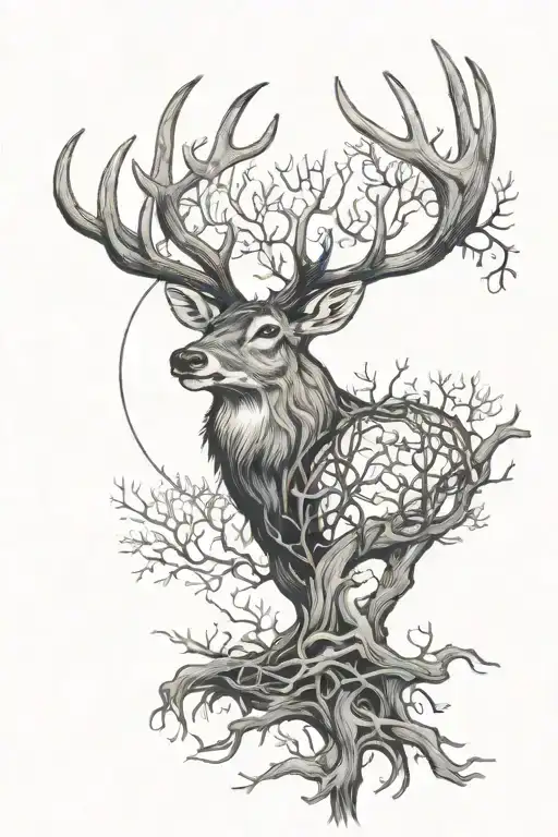 Buck in front of a tree of life with antlers intertwined with branches tattoo design idea