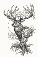 Buck in front of a tree of life with antlers intertwined with branches tattoo design idea