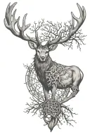 Buck in front of a tree of life with antlers intertwined with branches tattoo design idea