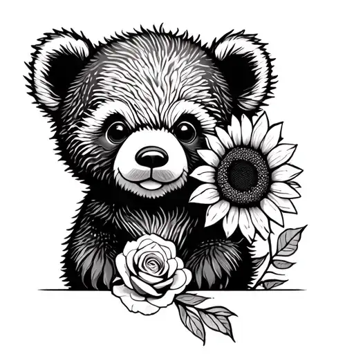 cute baby bear with sunflowers and roses tattoo design idea