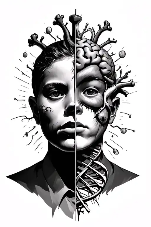 Brain, DNA, heart, half mask, half real face, Oberthinking/Growing Tattoo tattoo design idea
