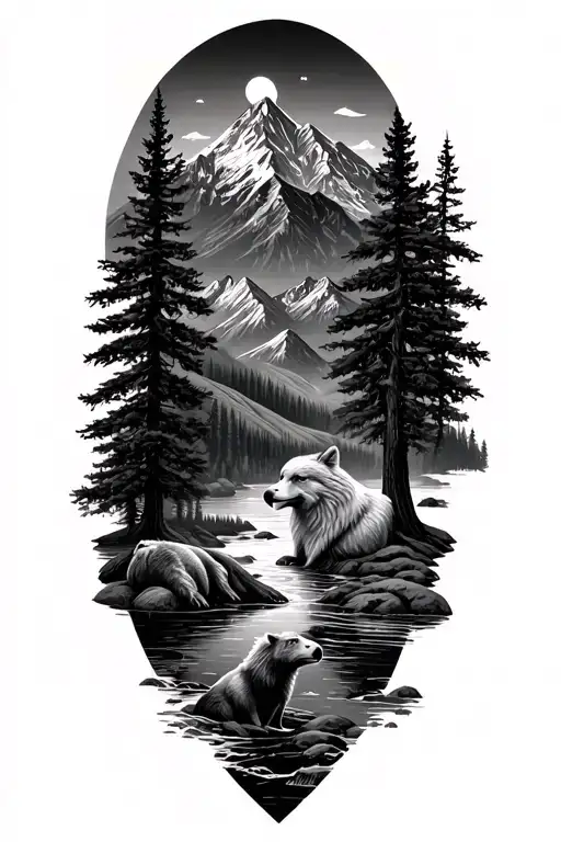 nature with trees, mountains, rivers and animals being a bear, a wolf and an eagle tattoo design idea