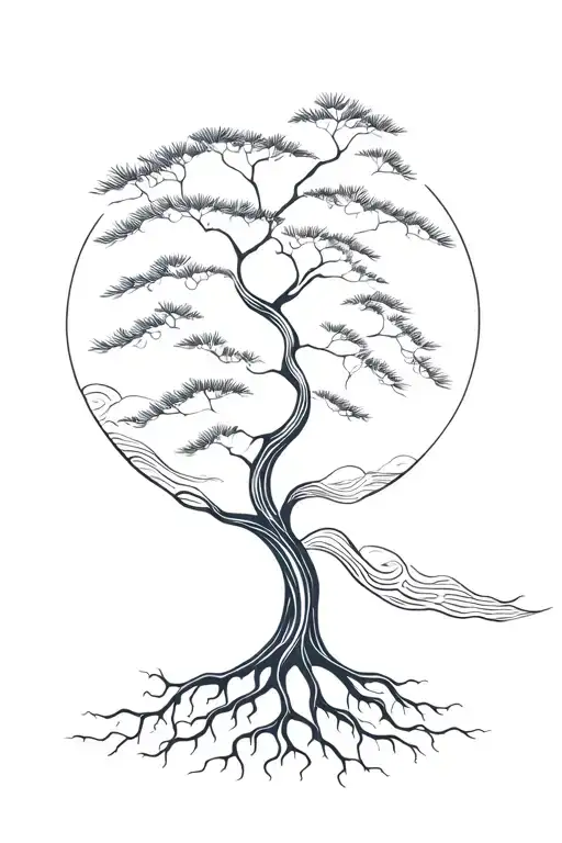 Fine, lively, filigree, flourish pine tree with roots and stylized waves. Form like a semicircle. tattoo design idea