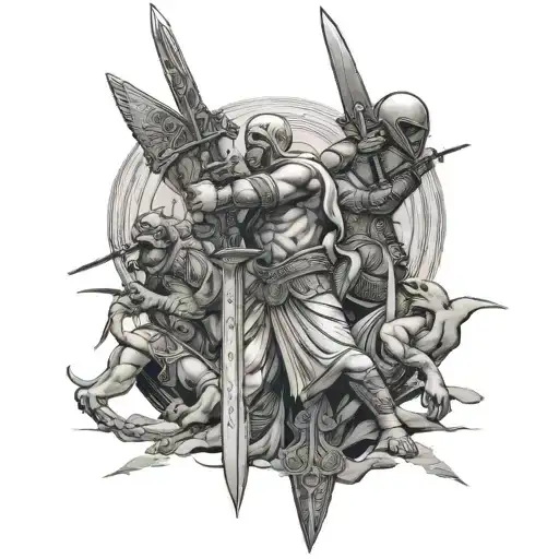 outer forearm Egyptian style sword fighting battle with multiple enemies big scale battle tattoo design idea