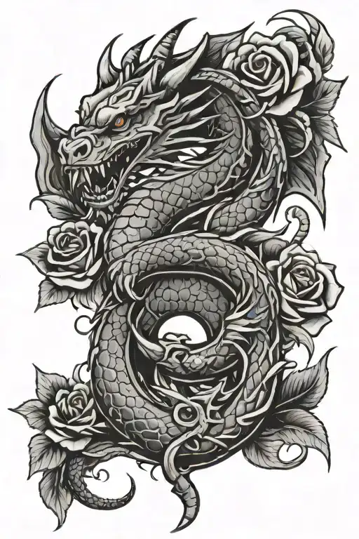 american traditional dragon wrapped around a anchor with traditional roses tattoo design idea