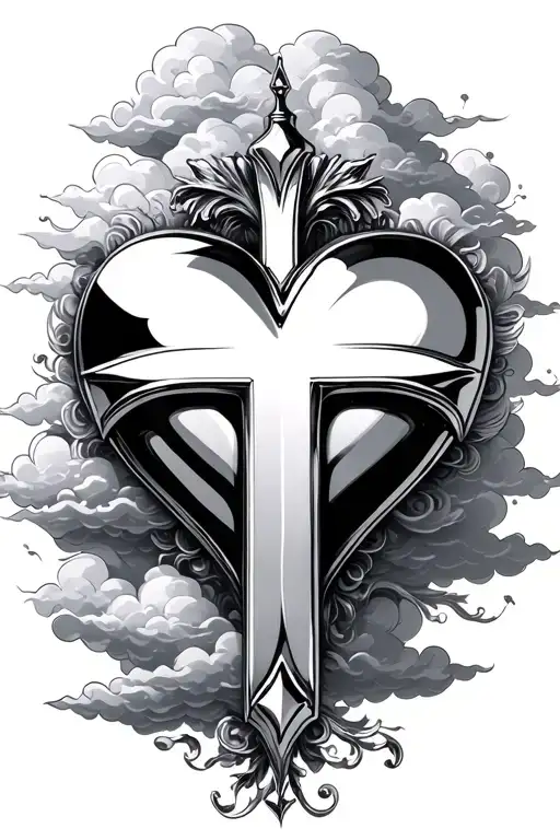chrome heart cross with clouds in the background tattoo design idea