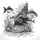 the bottom of the sea with a fish cemetery scene tattoo design idea
