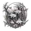 the bottom of the sea with a fish cemetery scene tattoo design idea