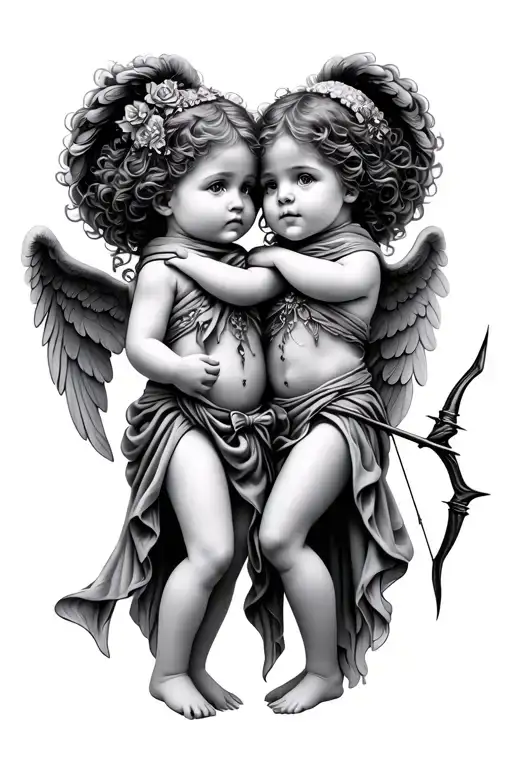 two Little Angels with silk scarf and bow and arrow tattoo design idea