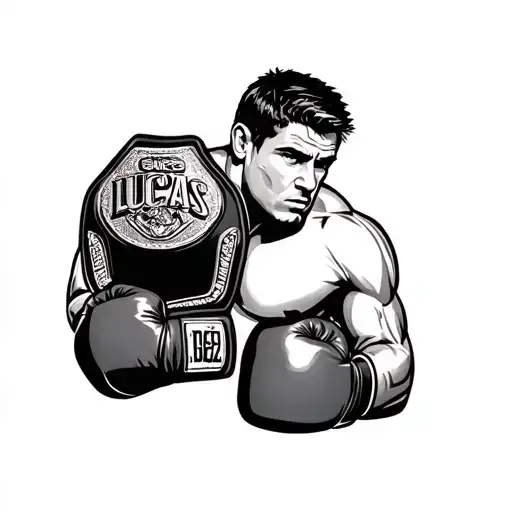 name Lucas woth boxing gloves and championship belt around it  tattoo design idea