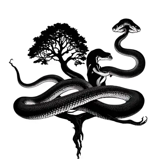 Adam and even in front of tree of life with snake wrapped around  tattoo design idea