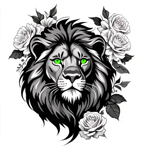 lion with green eyes with roses and carnation flowers flowing down the leg  tattoo design idea