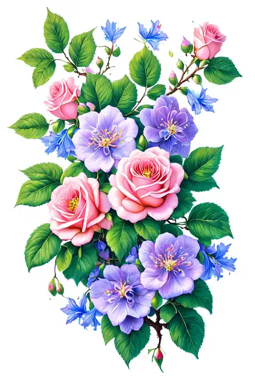 smooth green stems and leaves intertwined with climbing roses, larkspur, cherry blossom flowers, hollyhawk flowers tattoo design idea