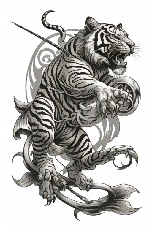 leaping tiger,twin fish,Bow and arrow with a pointed sphere in the middle tattoo design idea