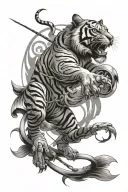 leaping tiger,twin fish,Bow and arrow with a pointed sphere in the middle tattoo design idea