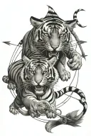 leaping tiger,twin fish,Bow and arrow with a pointed sphere in the middle tattoo design idea