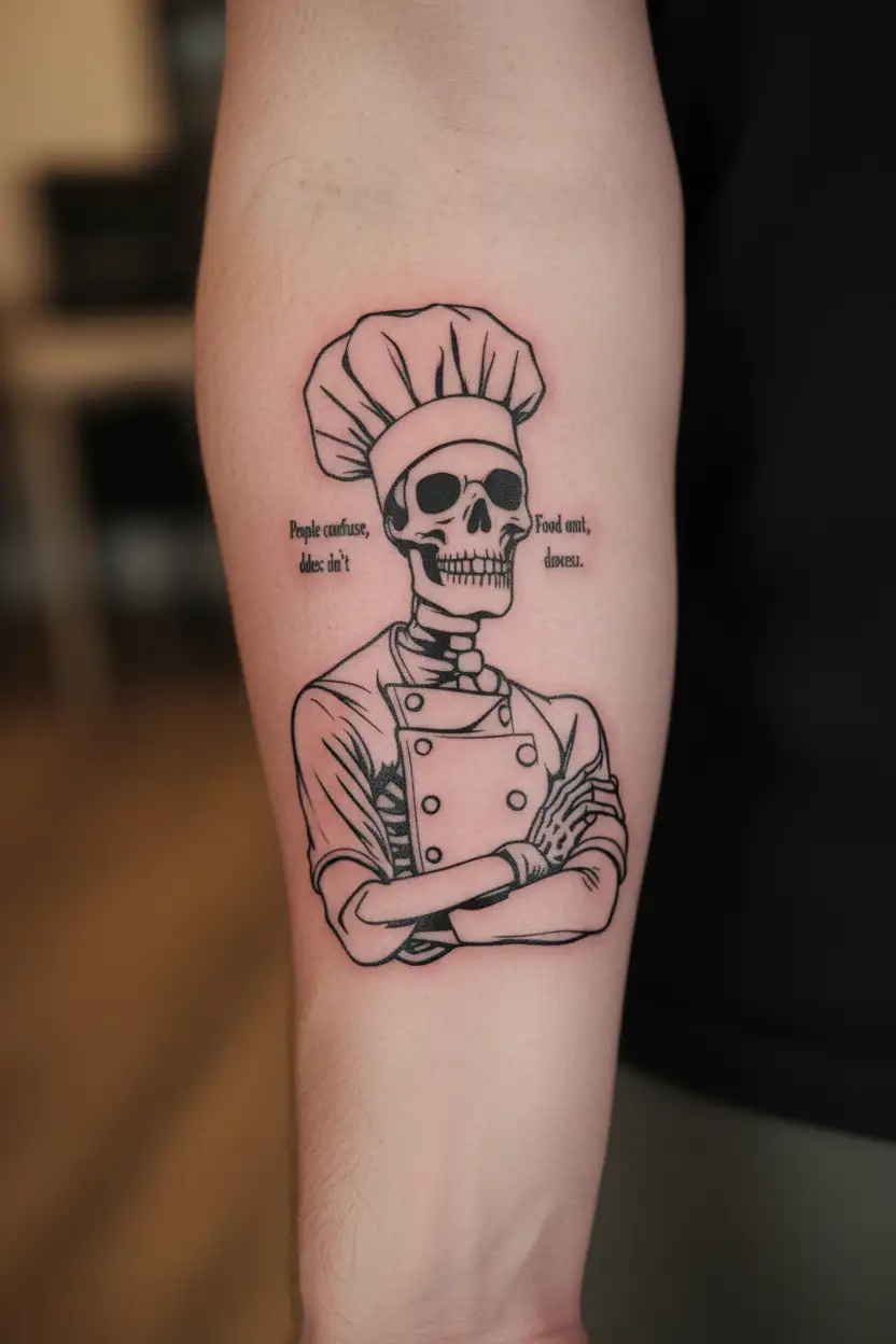 chef skeleton quote "People confuse me; Food doesn't" tattoo design idea