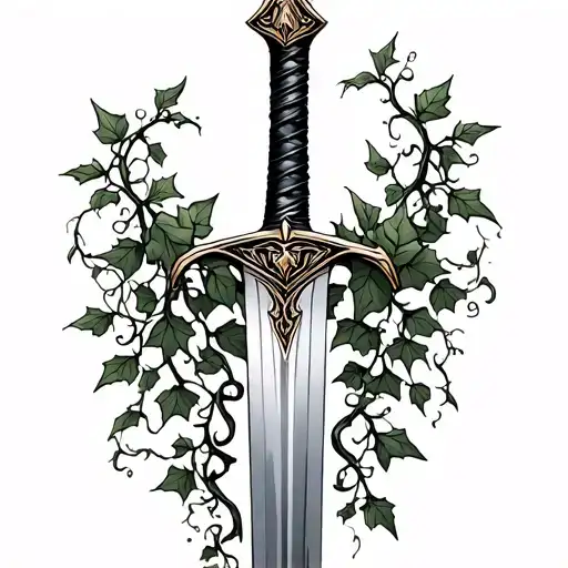 single sword with ivy vines growing up it tattoo design idea