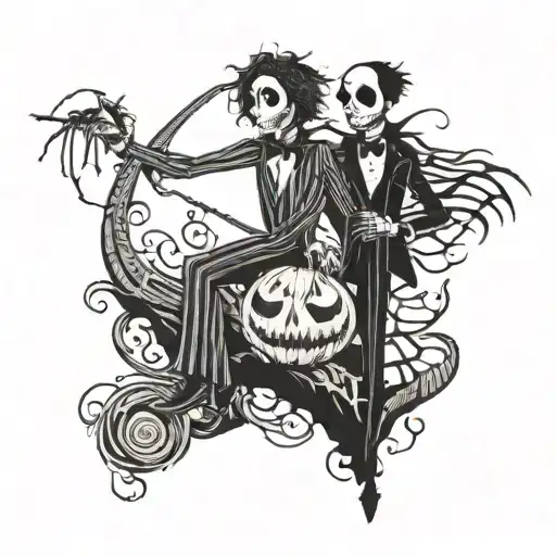 A whimsical scene featuring Tim Burton's iconic characters like Jack Skellington and Edward Scissorhands tattoo design idea