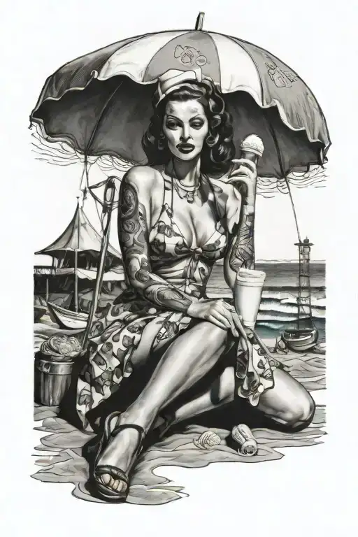 beach themed tattoo. pin up girl sexy with swim suit on a beach with an ice cream cone. tattoo design idea