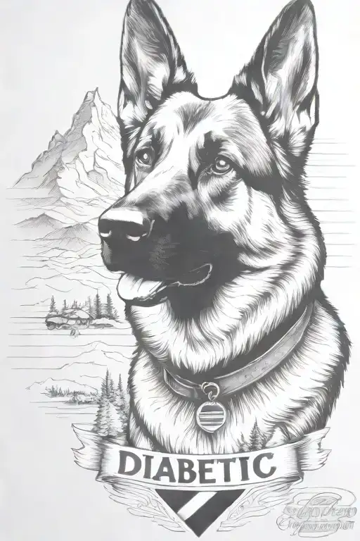 German shepherd portrait saying "diabetic" mountain scene American flag waving tattoo design idea