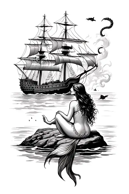 Siren mermaid sitting on a rock, watching a pirate ship get taken down by a kraken from a distance, back view tattoo design idea