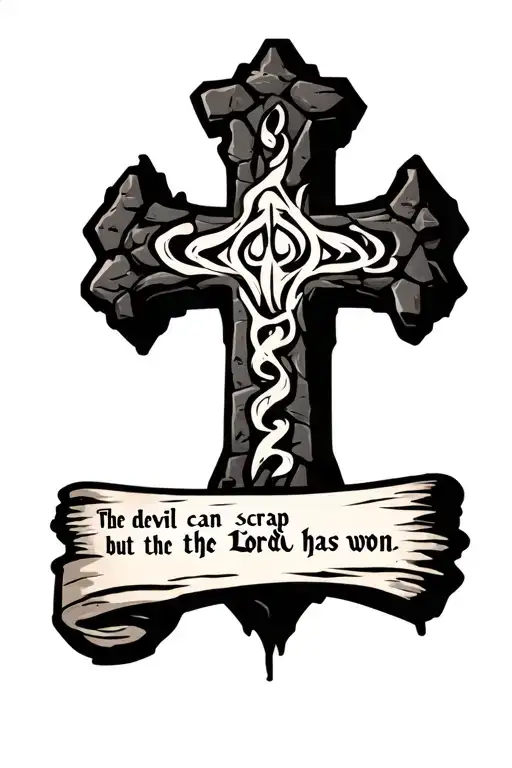 cobblestone cross with writing "the devil can scrap but the Lord has won" in old font on a scroll. tattoo design idea