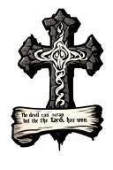 cobblestone cross with writing "the devil can scrap but the Lord has won" in old font on a scroll. tattoo design idea