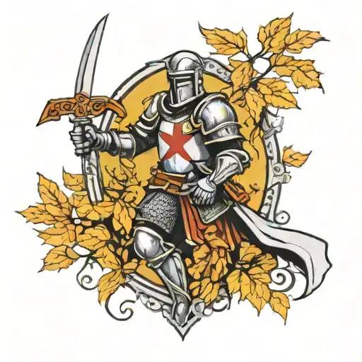 A new-school design featuring a knight Templar with intricate armor and fall foliage in the background tattoo design idea