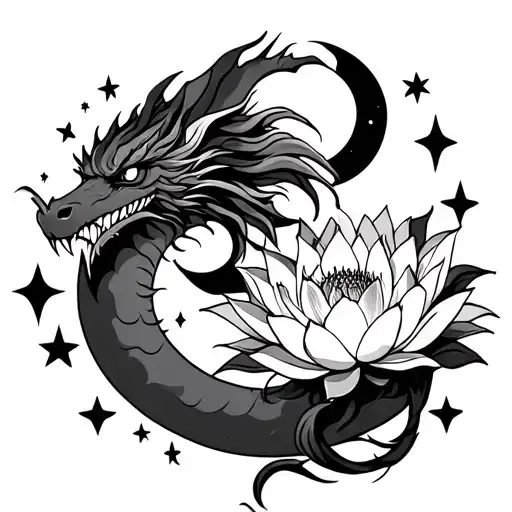 American dragon with lotus flower and moon surrounded by stars tattoo design idea