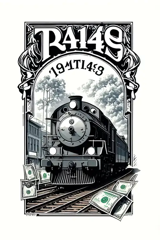 trains and money and forming 1943 letters on the cards tattoo design idea